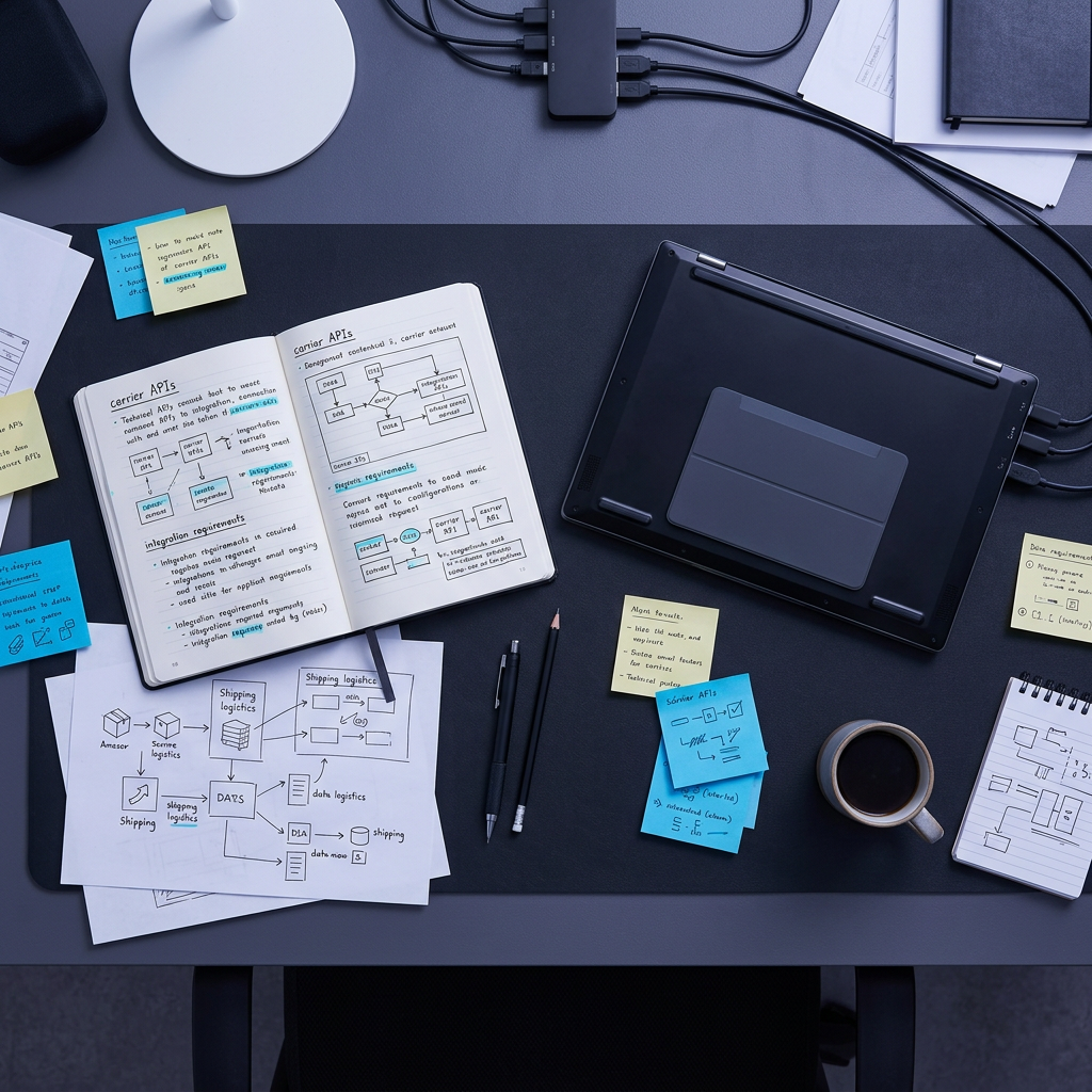 Shipping software evaluation workspace with technical documentation