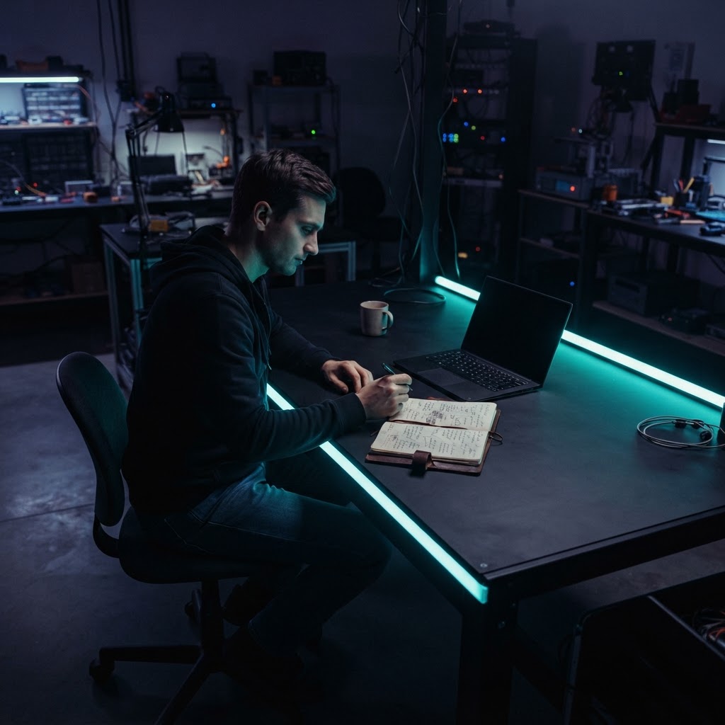 A quiet, modern engineering studio workspace at night
