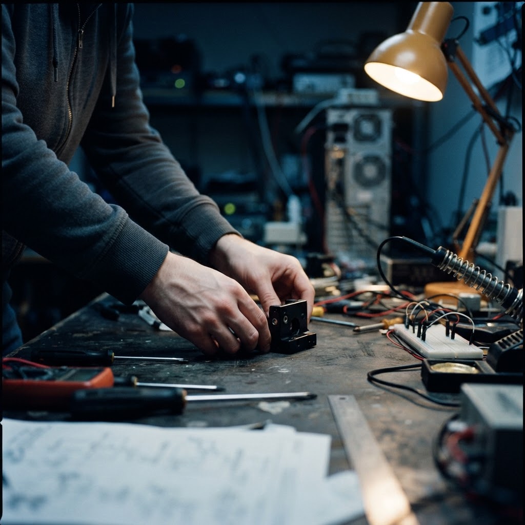 Close up of hands working on hardware in dim light