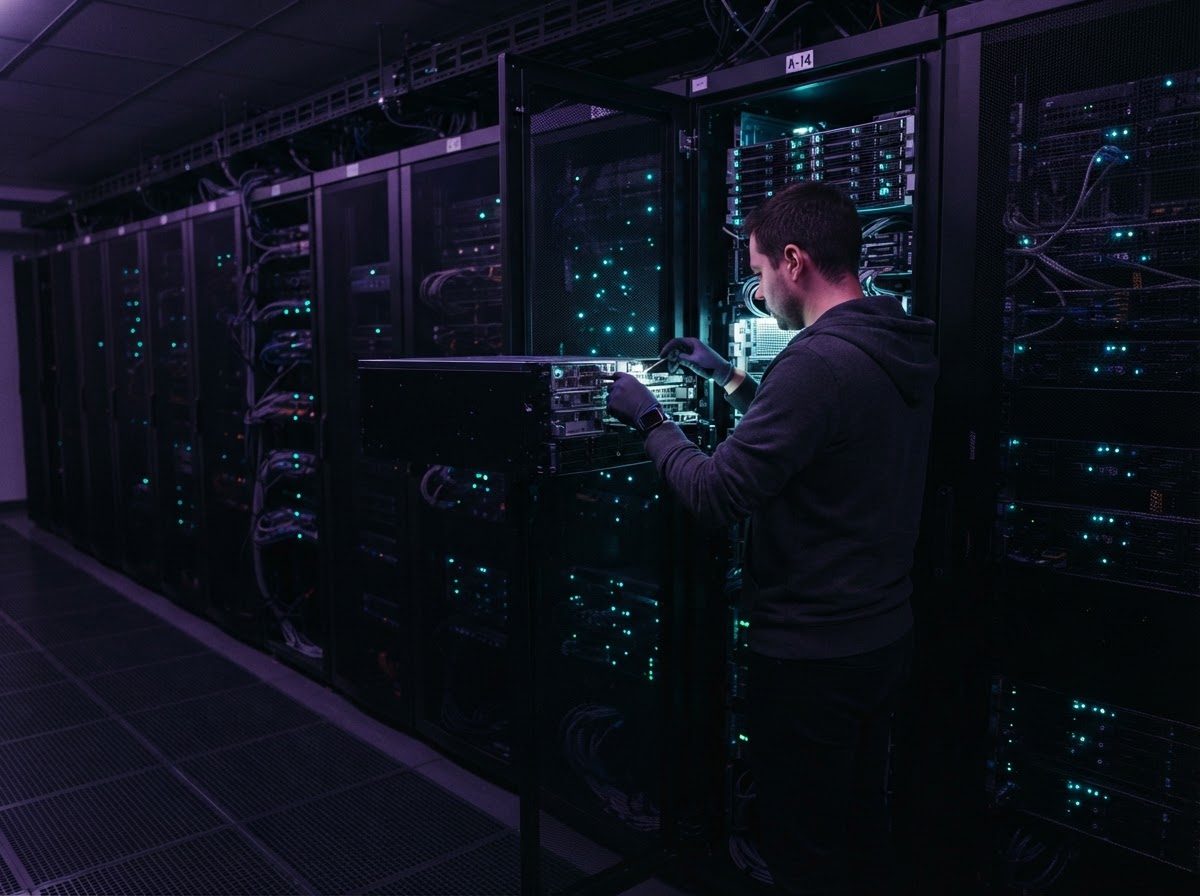 Developer adjusting server components in a dark tech studio