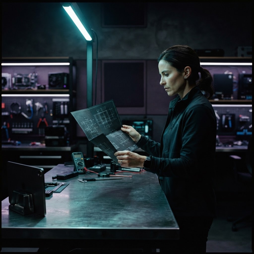Developer reviewing technical documents in a dark workspace