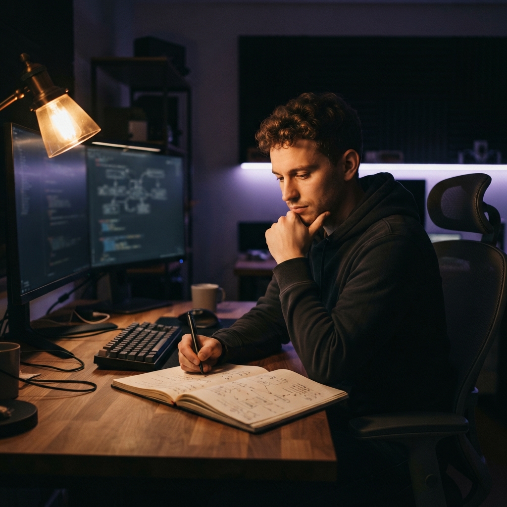 A developer reviewing system notes in a dim room