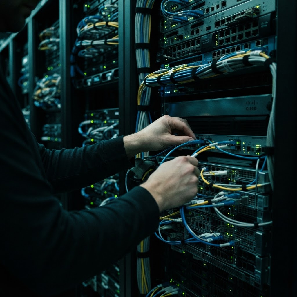 Hands adjusting physical server hardware in a dark room