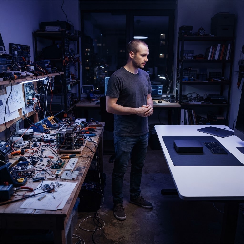 Developer comparing a cluttered DIY workbench and a clean commercial product