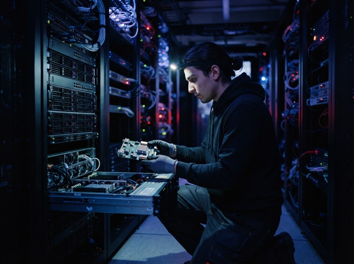 Developer evaluating hardware integration in a server bay