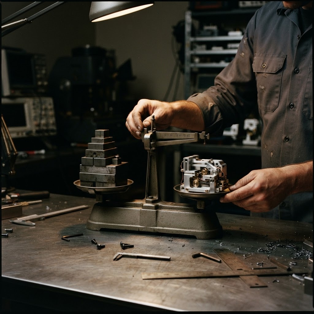 Hands balancing custom and standard hardware components on a scale