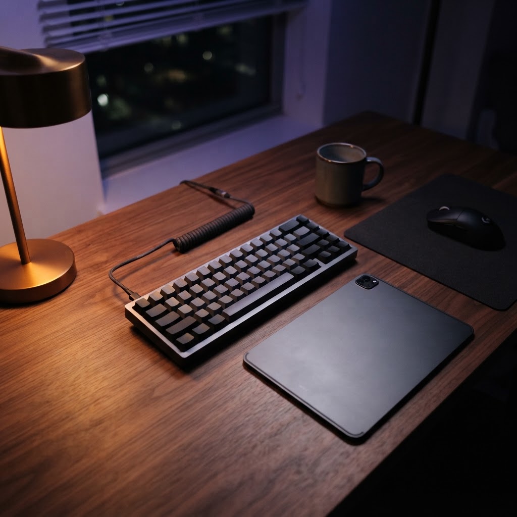 Clean minimalist developer desk setup at night