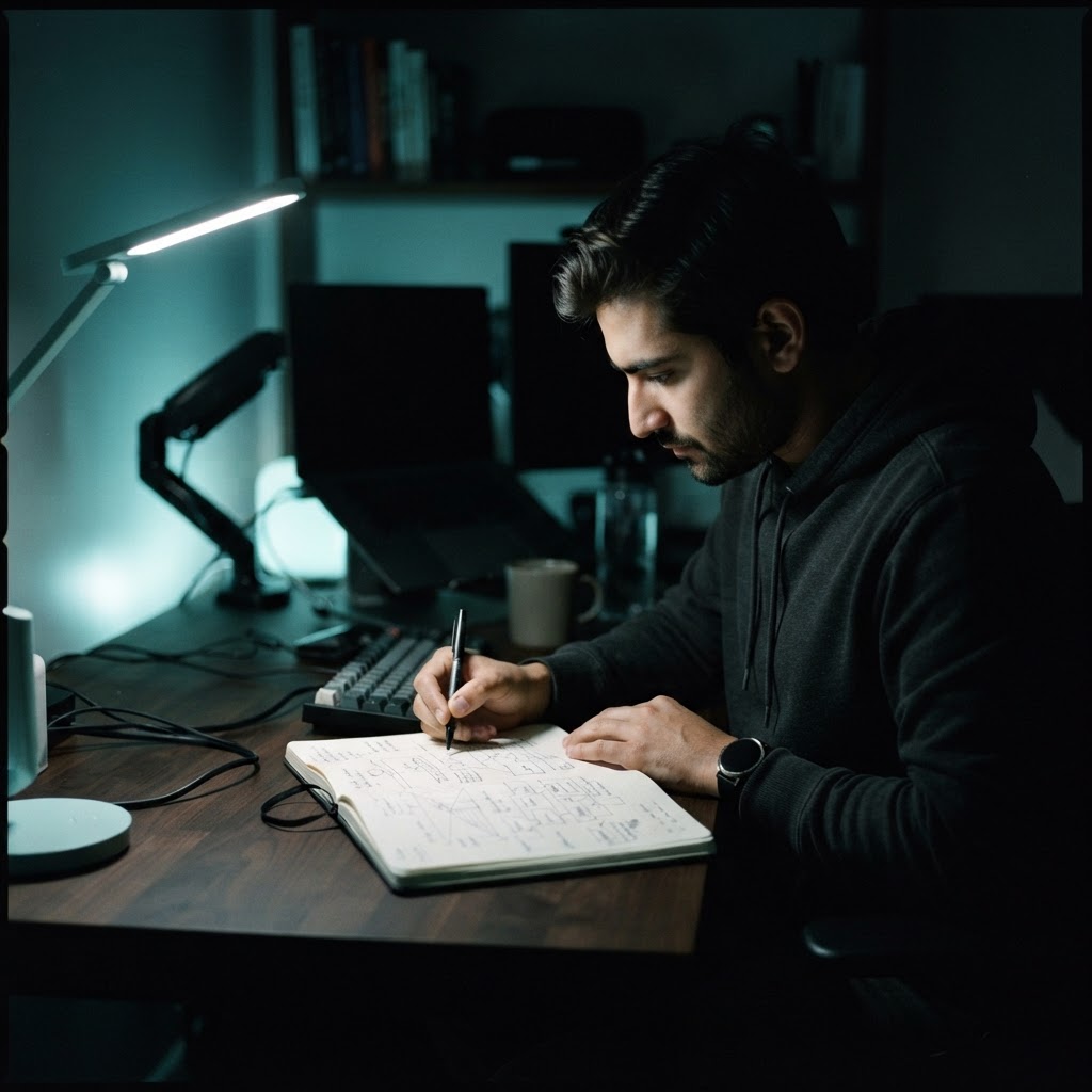 Developer sketching system architecture in a dark office