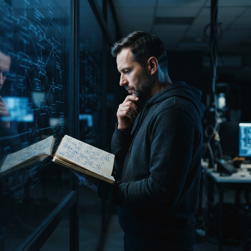 Developer reviewing system architecture diagrams in a dark office