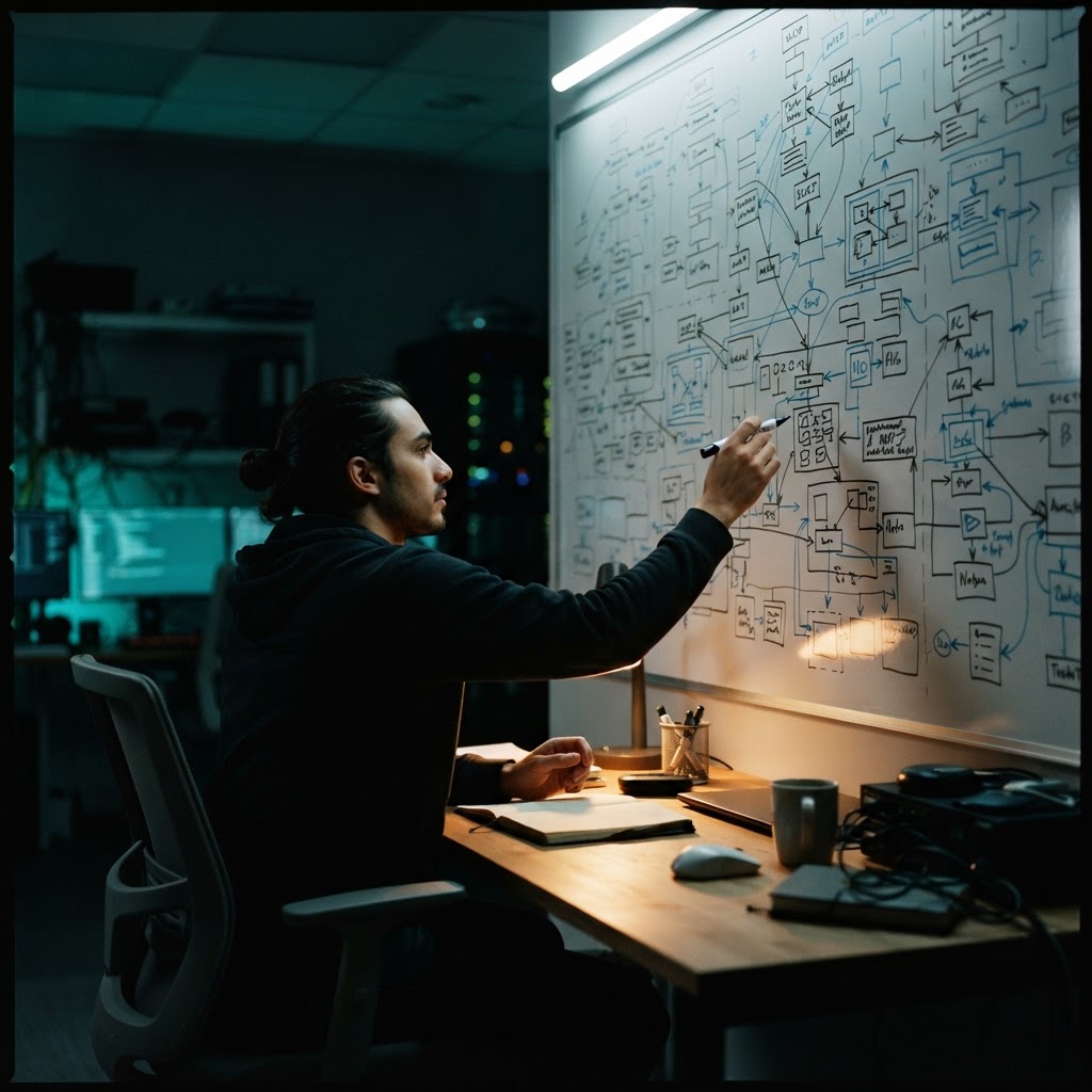 Developer standing at a large whiteboard mapping complex technical systems
