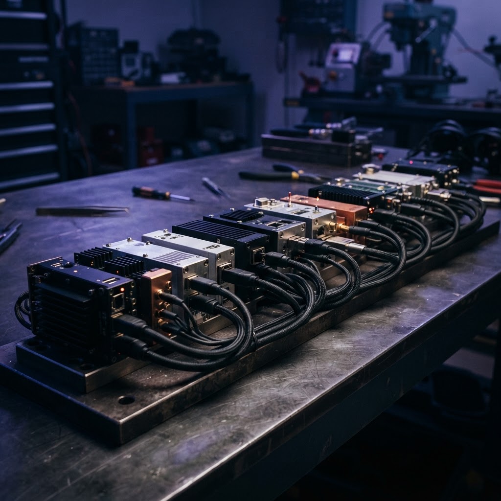 Precision metallic hardware components arranged on a dark workbench