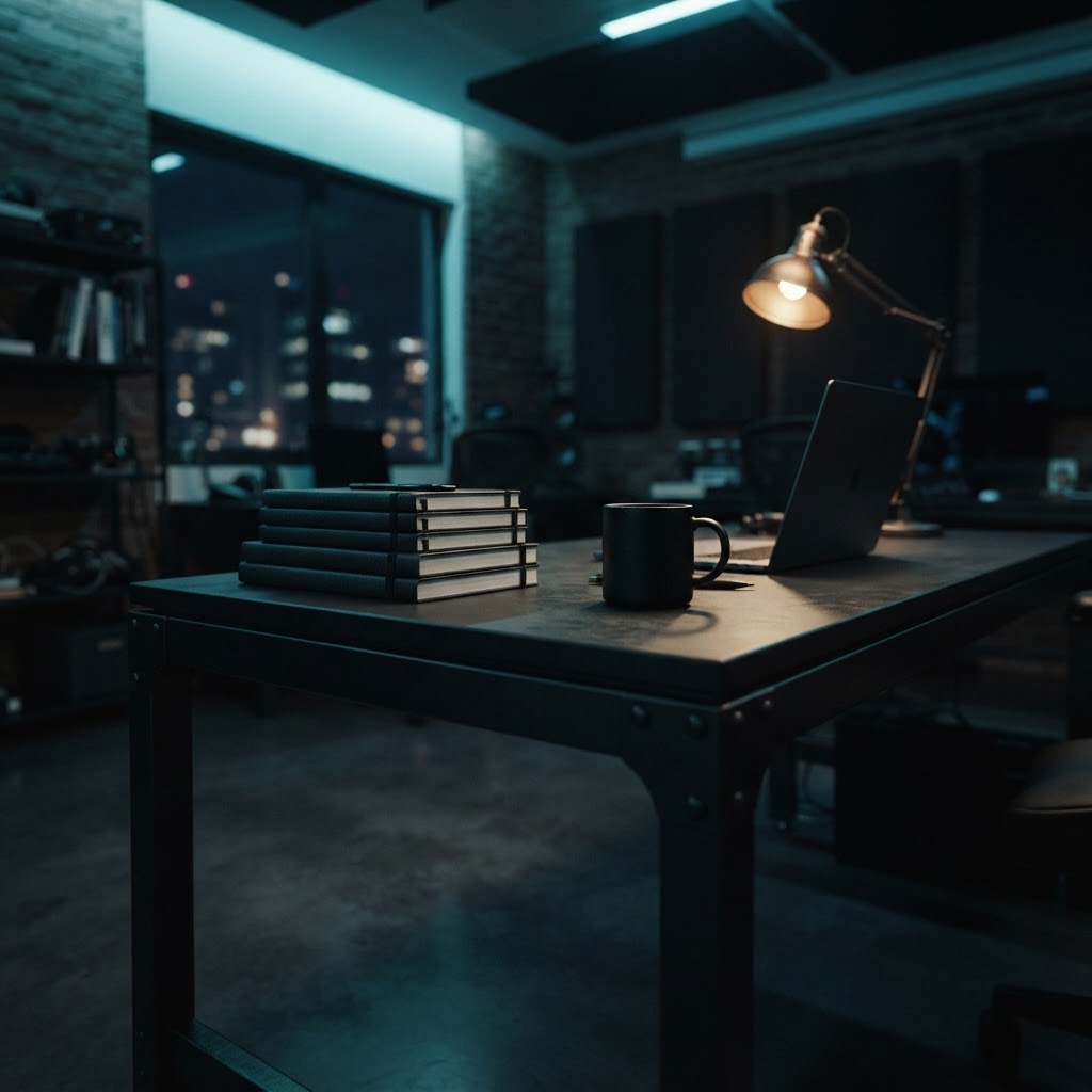 Clean minimalist desk setup in a dimly lit studio