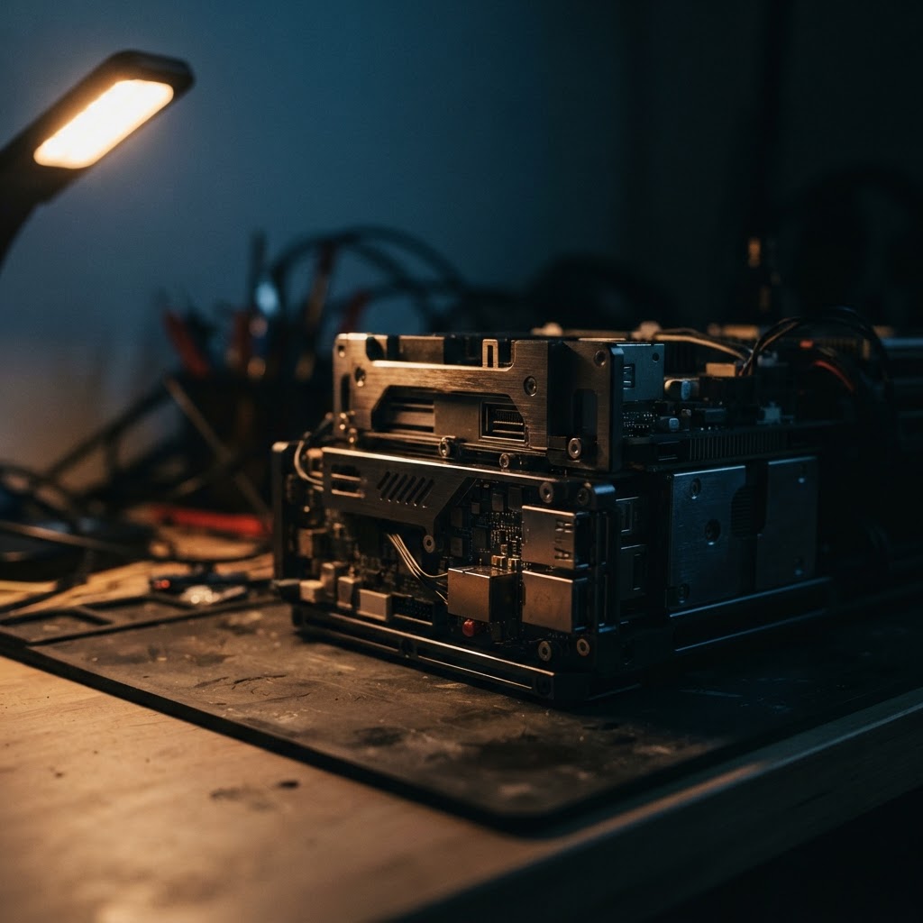 Close up of tech hardware in moody lighting