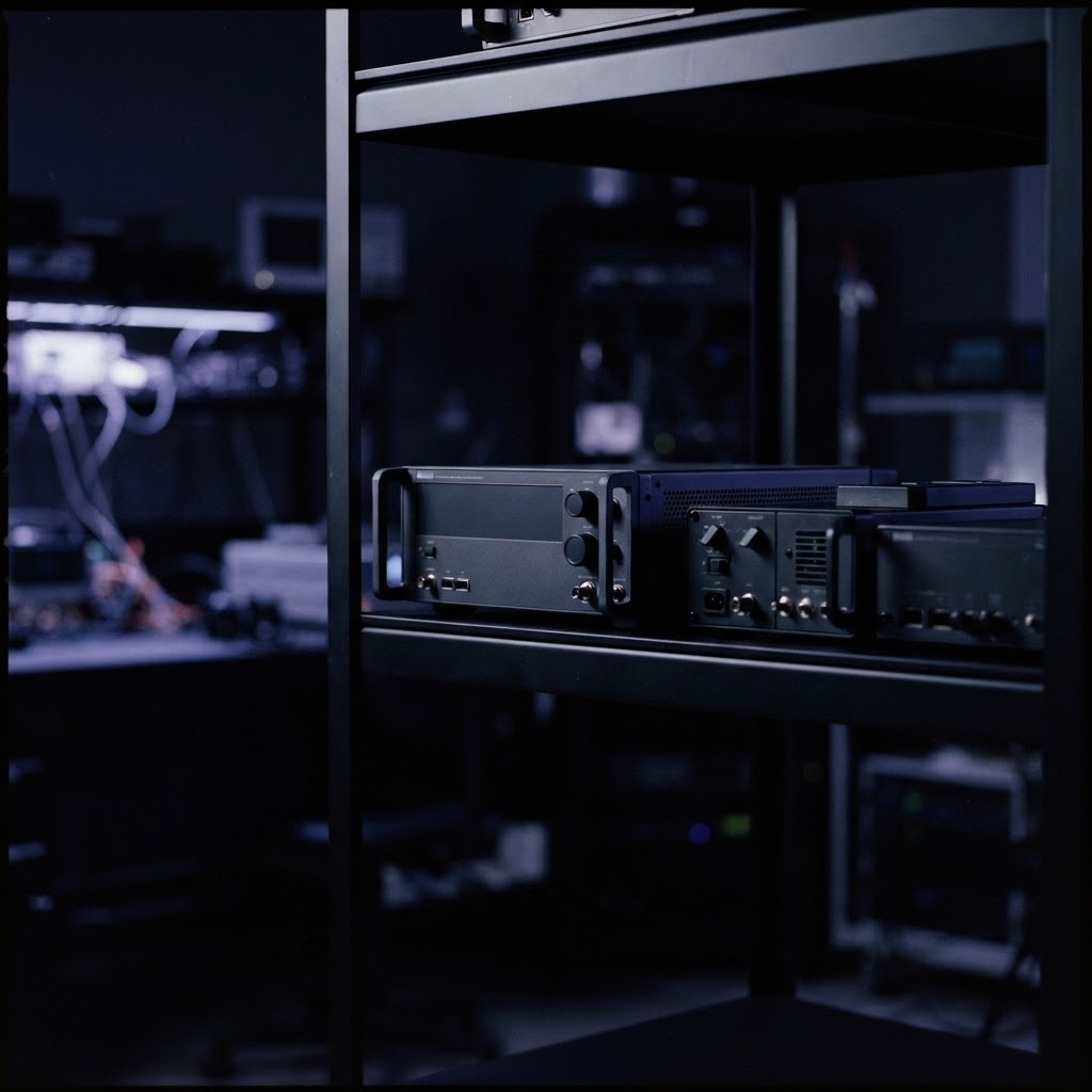 High end electronics on a shelf in moody lighting