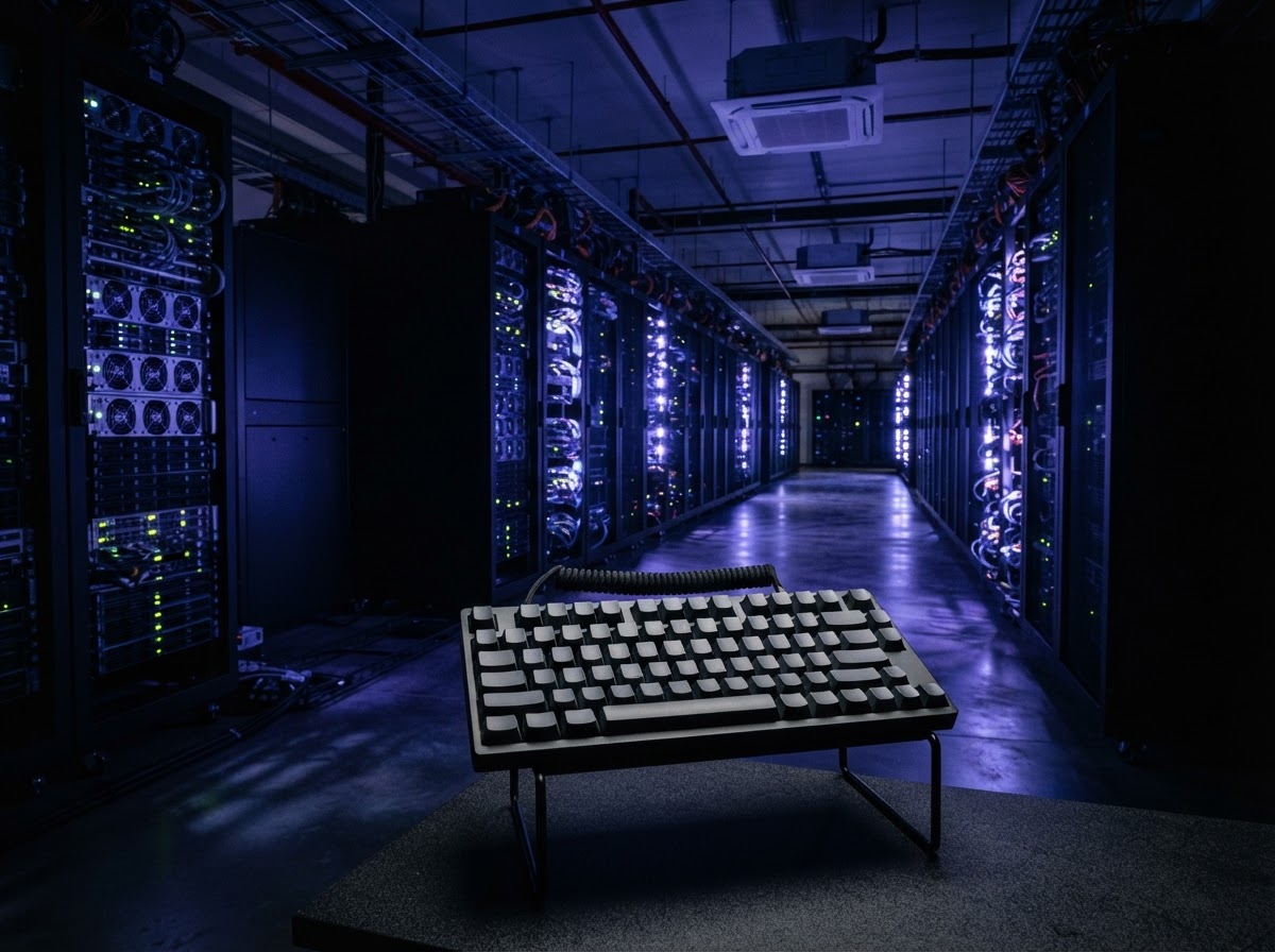 Server room at night with glowing blue LED lights