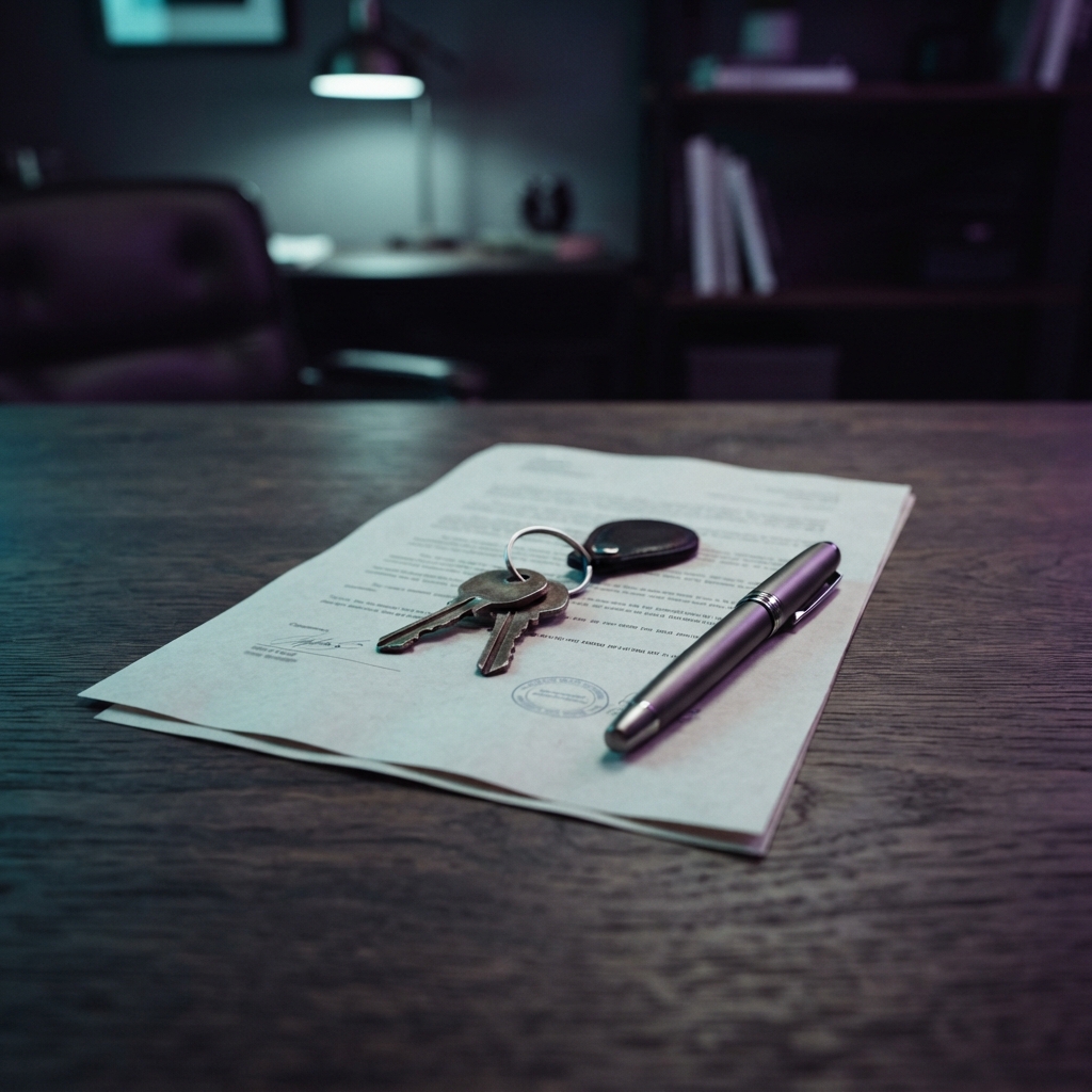 House keys and documents on a desk in moody lighting