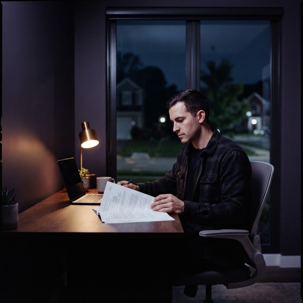 Professional reviewing real estate documents in a moody home office