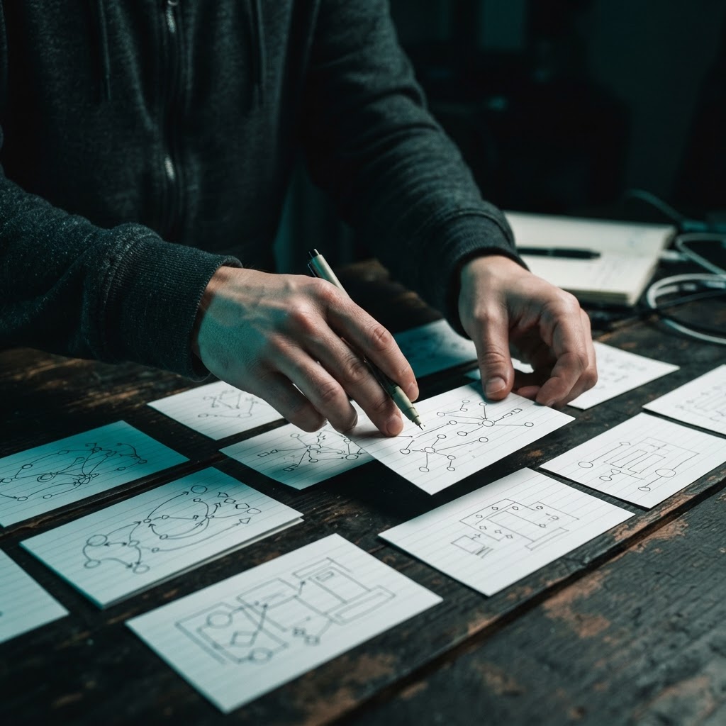 Developer arranging logical connection cards on a dark desk