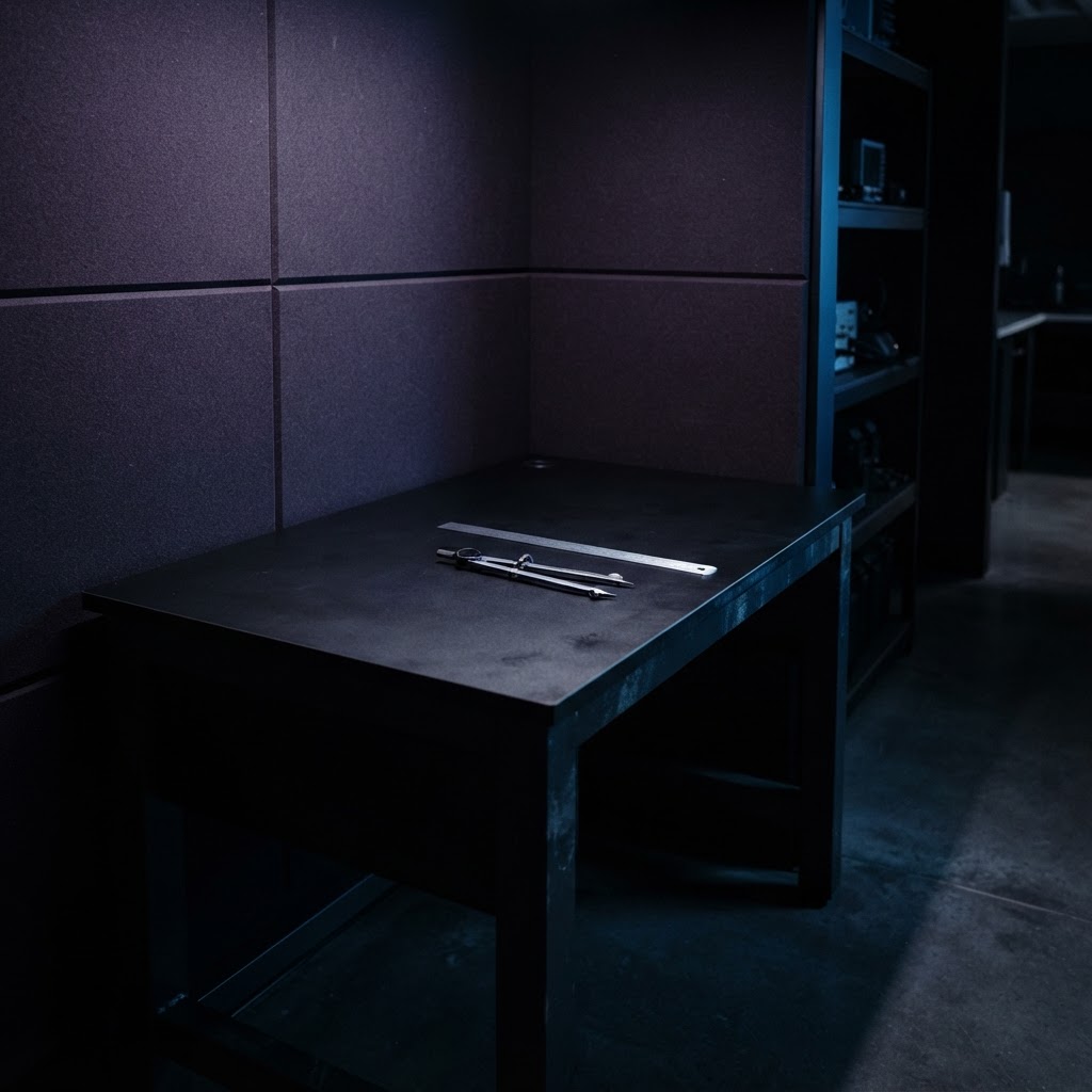 Minimalist engineering desk setup with precision tools in a dark room