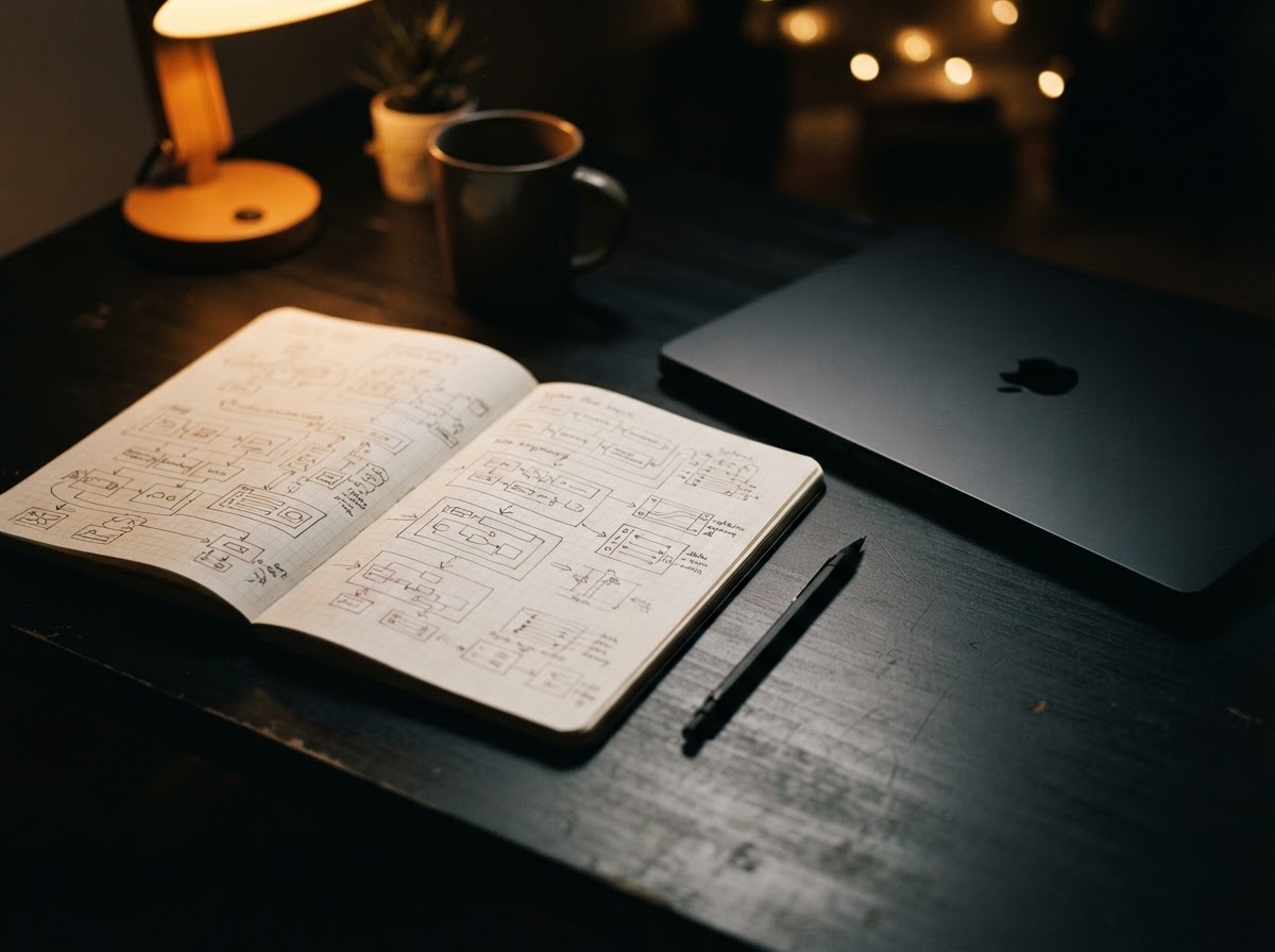 Open engineering notebook and closed laptop on a dark desk