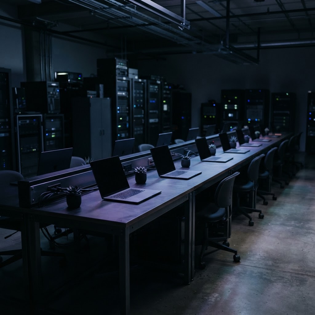 Row of minimalist engineering workstations in a dark office