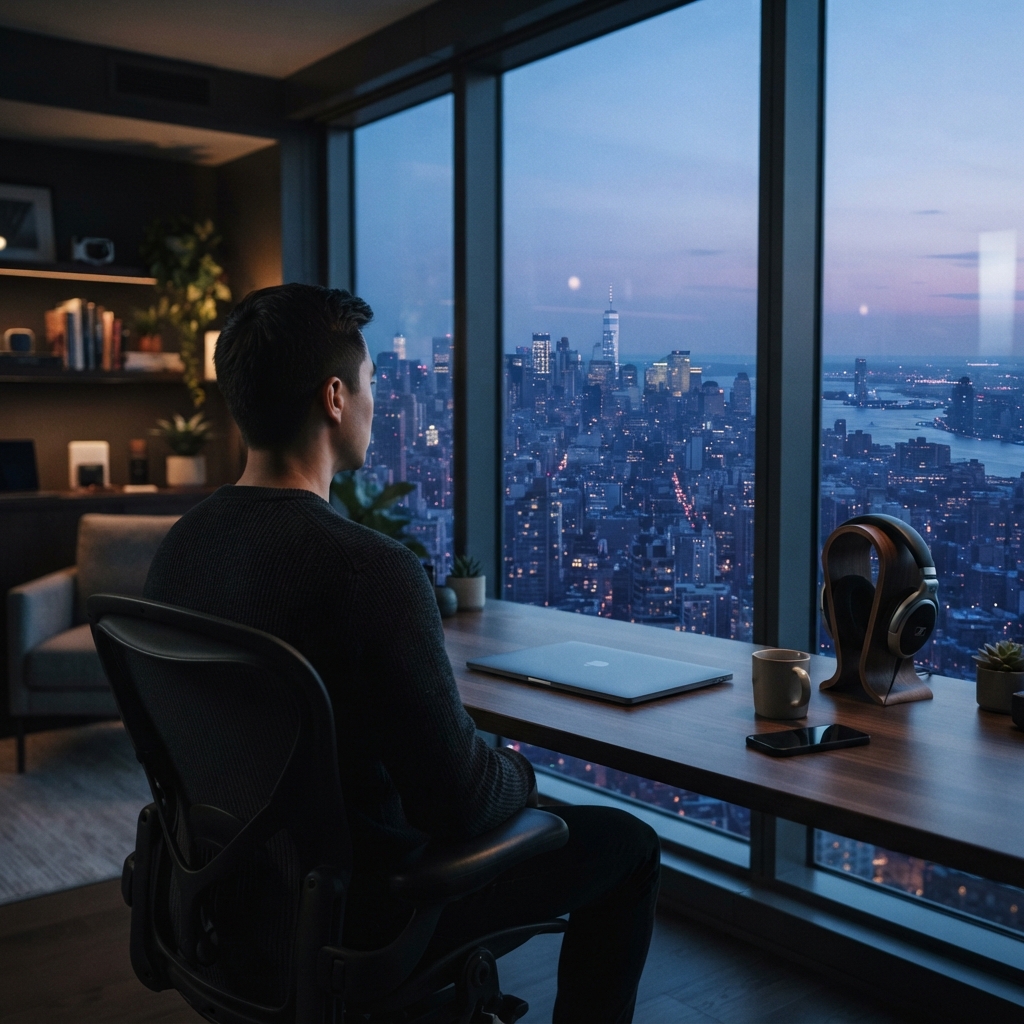 A developer contemplating technical decisions in a dark workspace