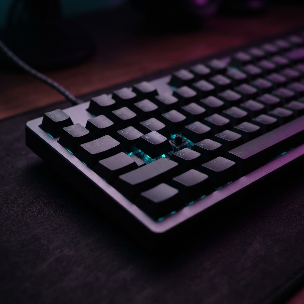 Close up of mechanical keyboard under cool ambient lighting