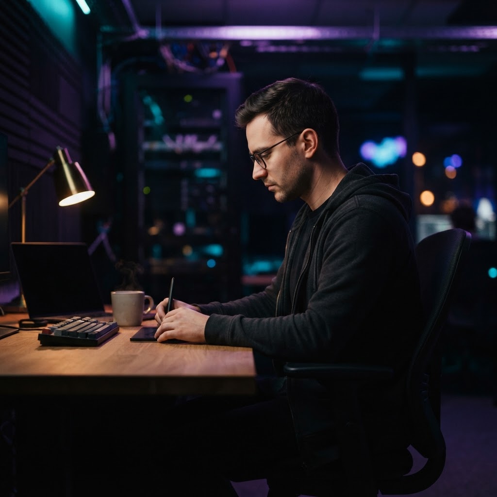 Developer working in a dimly lit office with cool lighting