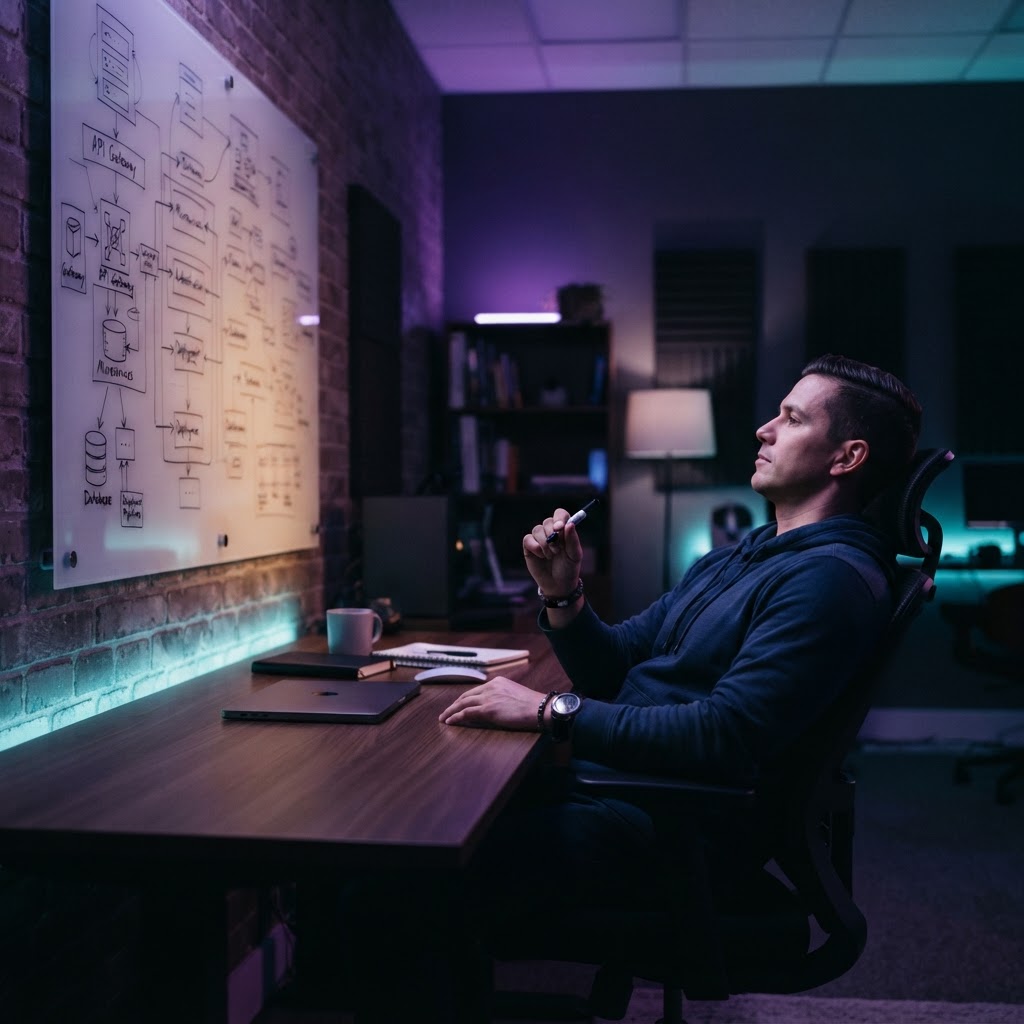A developer in a dimly lit office planning system architecture