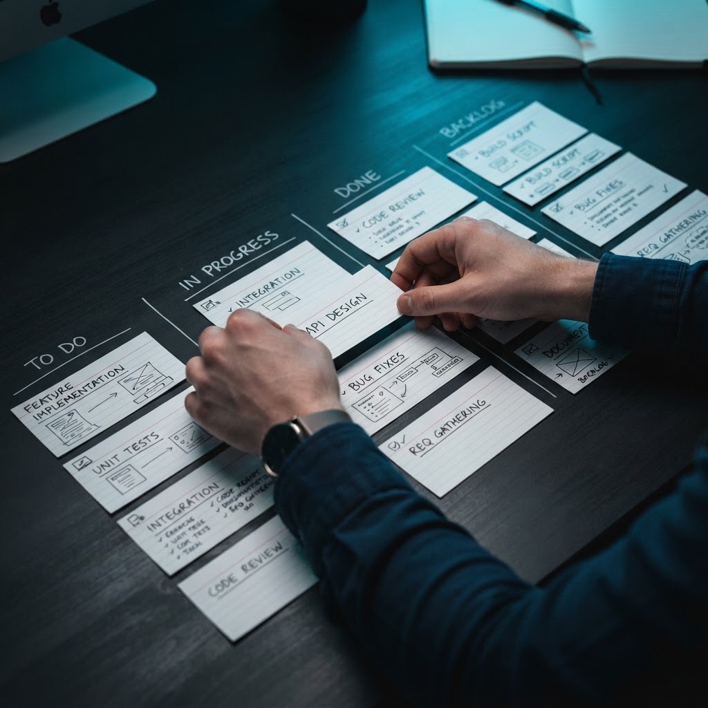 Hands organizing physical task cards on a desk