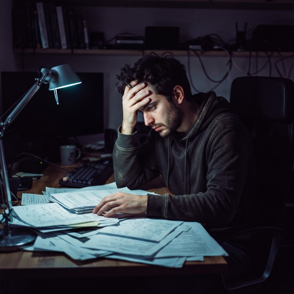 Developer looking at paperwork in a dark office