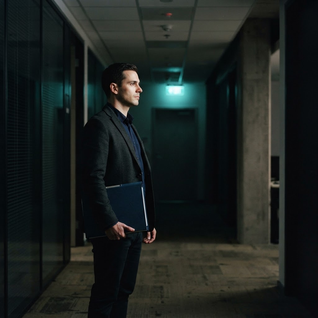 Engineer holding a project folder in a dark corridor