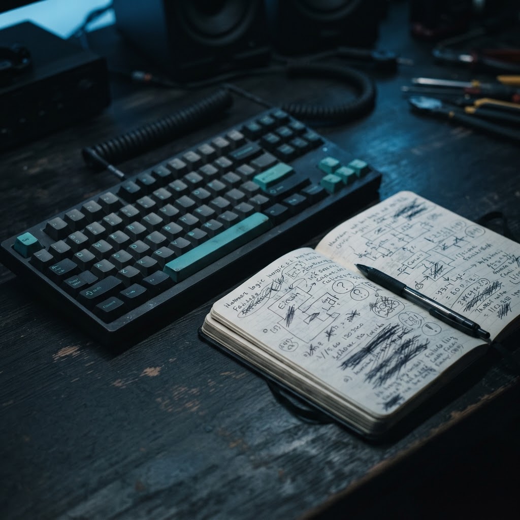 Handwritten engineering notes on a dark desk