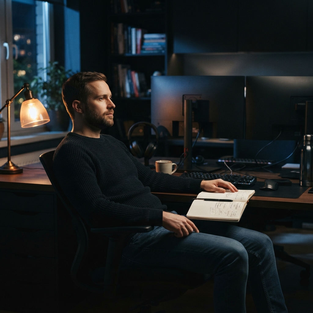 Developer reflecting in a dark office at night