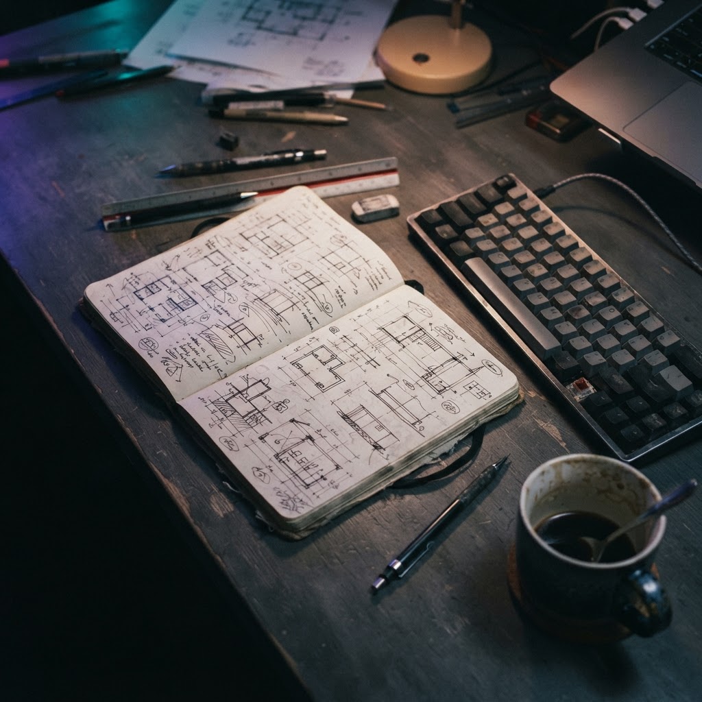 Notebook and keyboard on a desk in low light