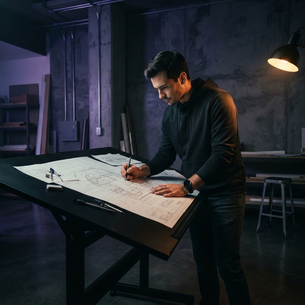 Developer reviewing architectural plans at a drafting table