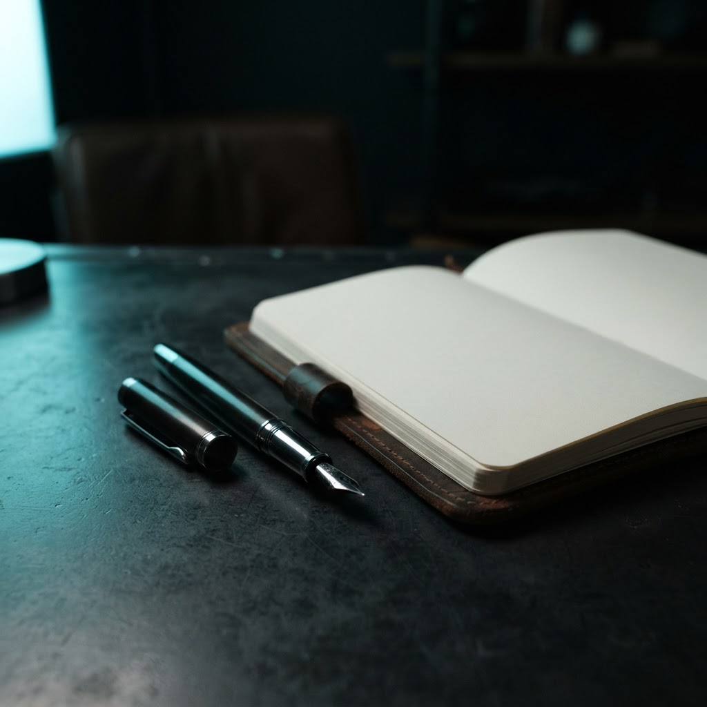 Fountain pen and leather notebook on a dark desk