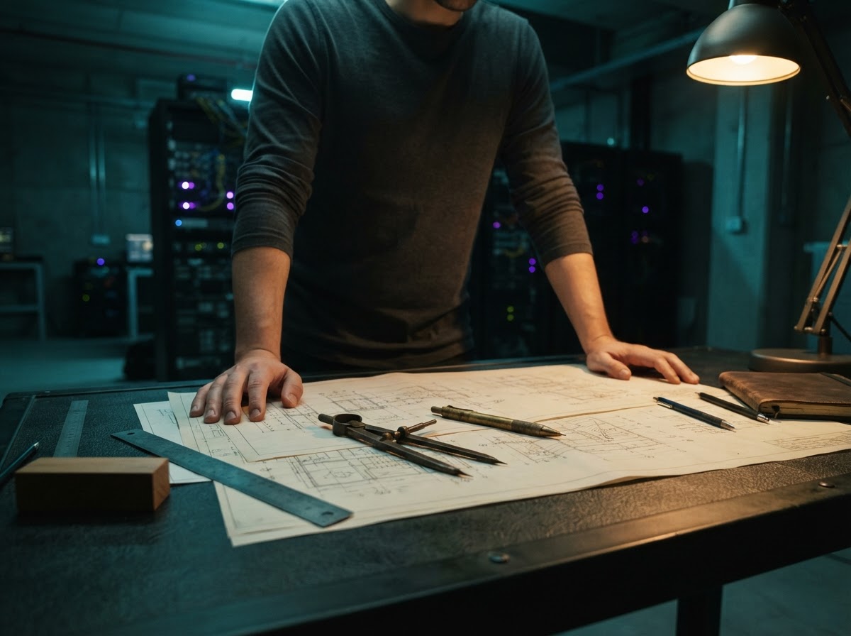 Hands resting on architectural blueprints at a dark desk