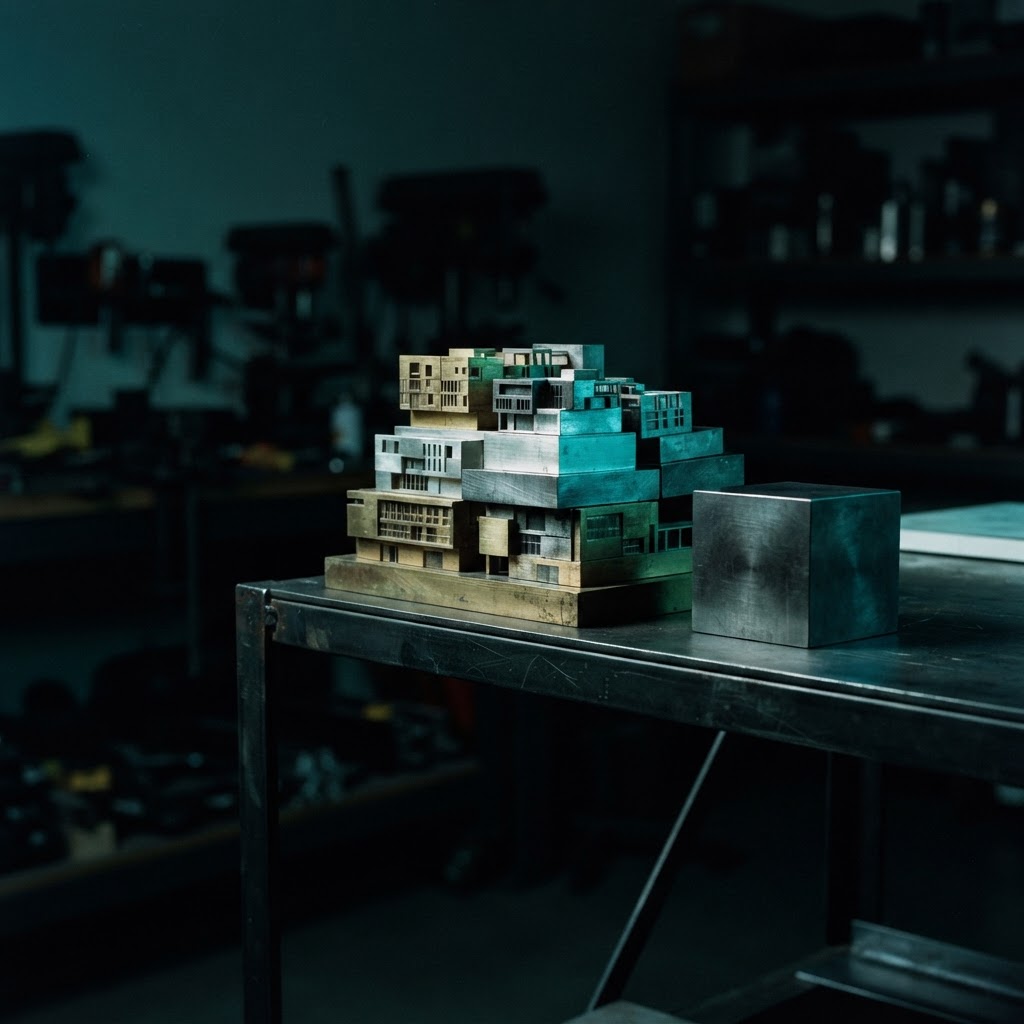 Metal architectural models and steel cube on dark shelf