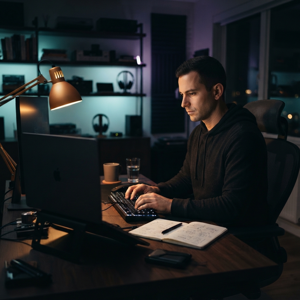 Developer focused at a workstation in a moody office