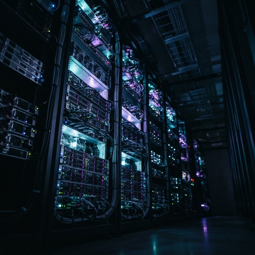 Rows of illuminated server rack hardware