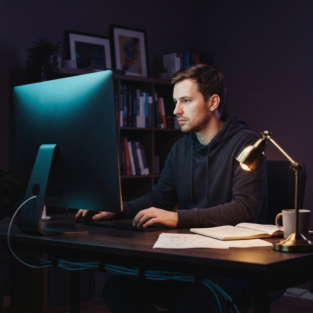 A developer working late at night on code