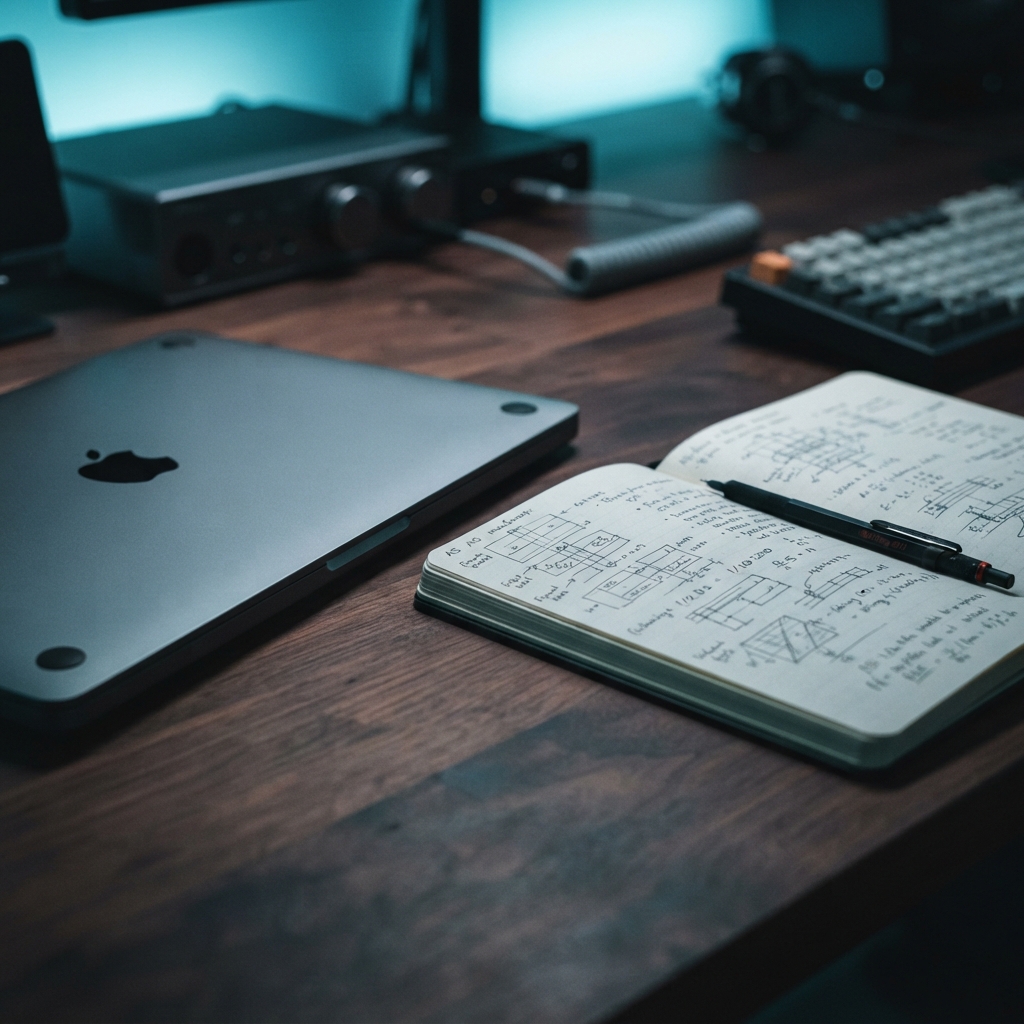 Clean desk setup with a laptop and notebook