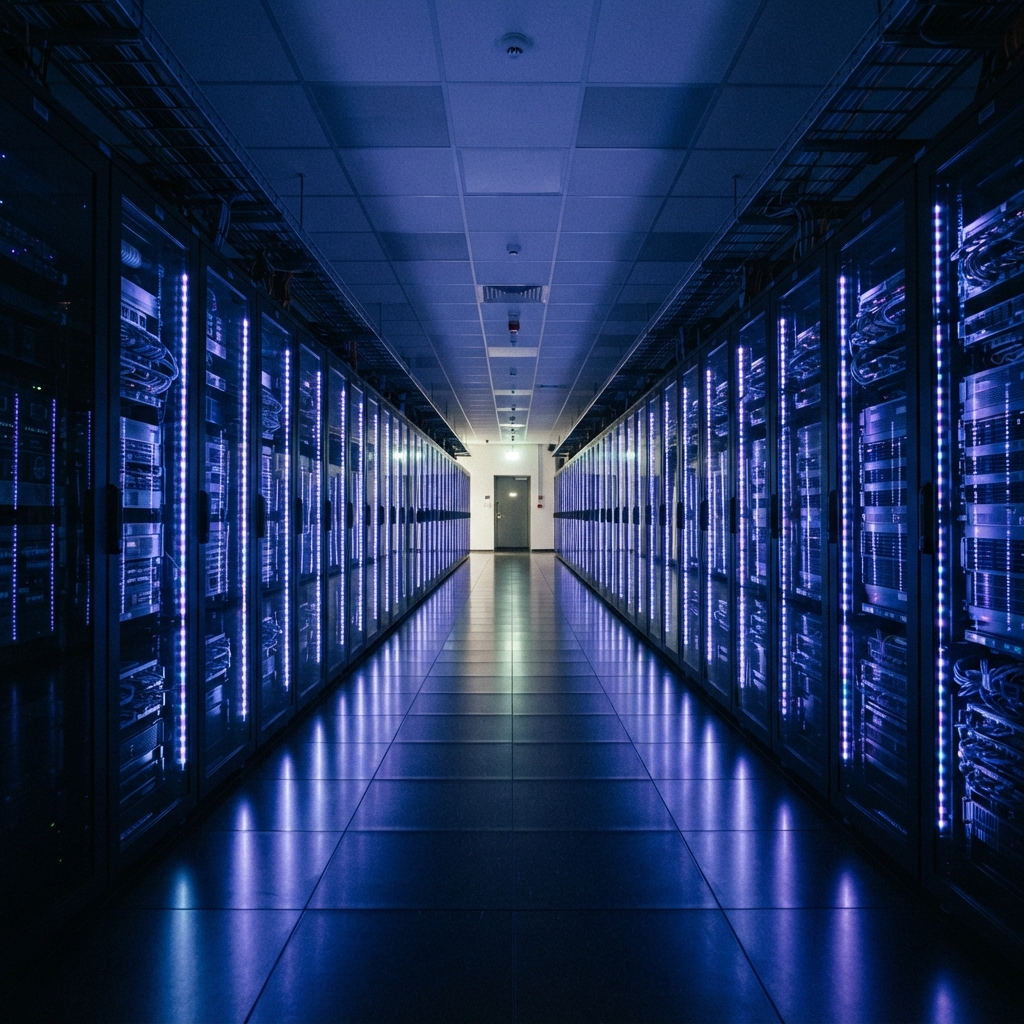 Modern server room with blue and purple lighting