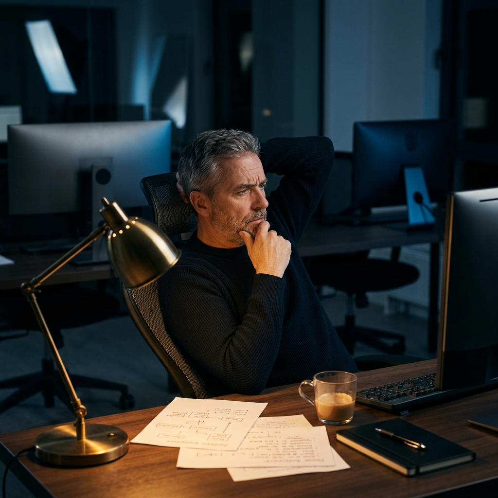 Developer contemplating code review bottleneck