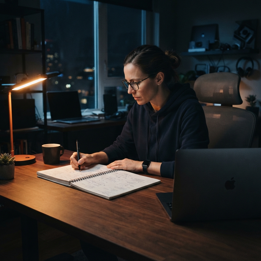 Developer reviewing code in a focused late night setting