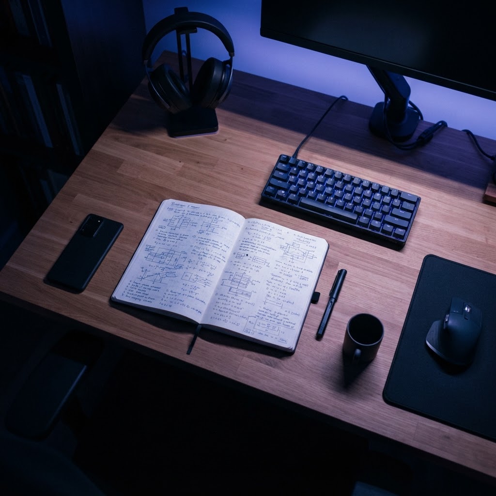 Professional engineering workspace with notebook and keyboard