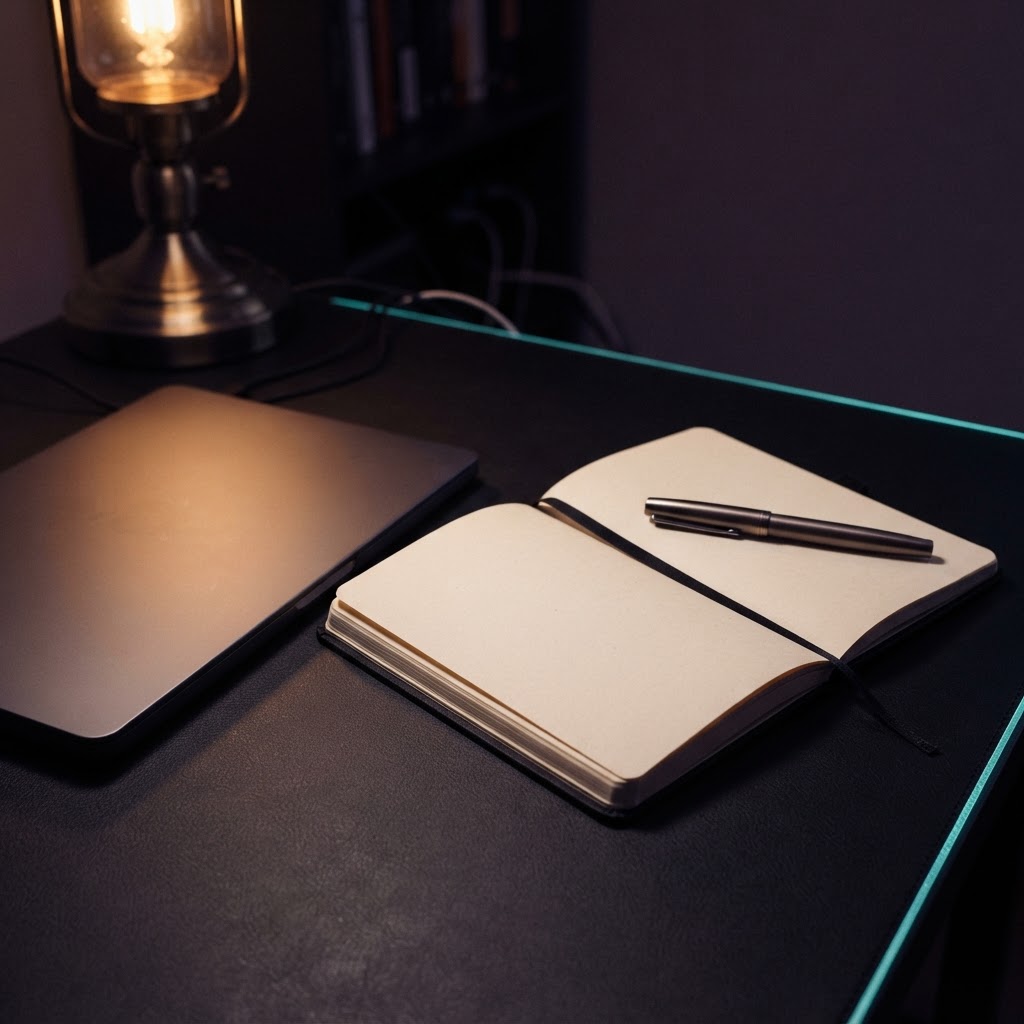 A closed laptop and empty journal on a desk