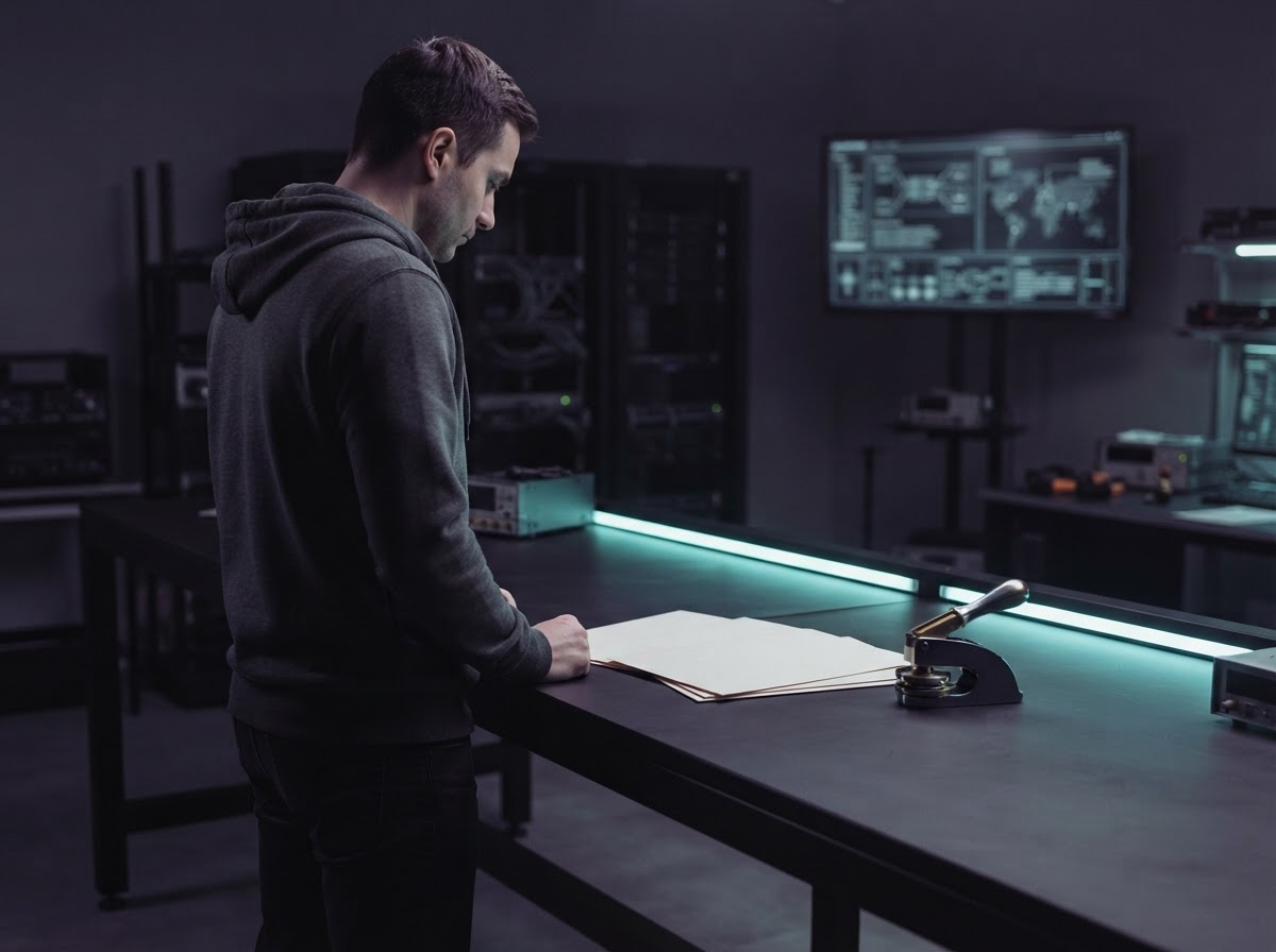 A developer working at a desk with a metal stamp