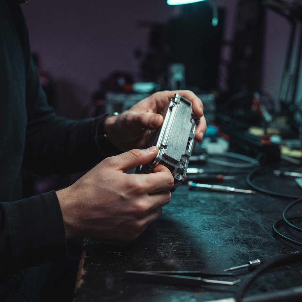 Close up of engineer hands inspecting metal hardware